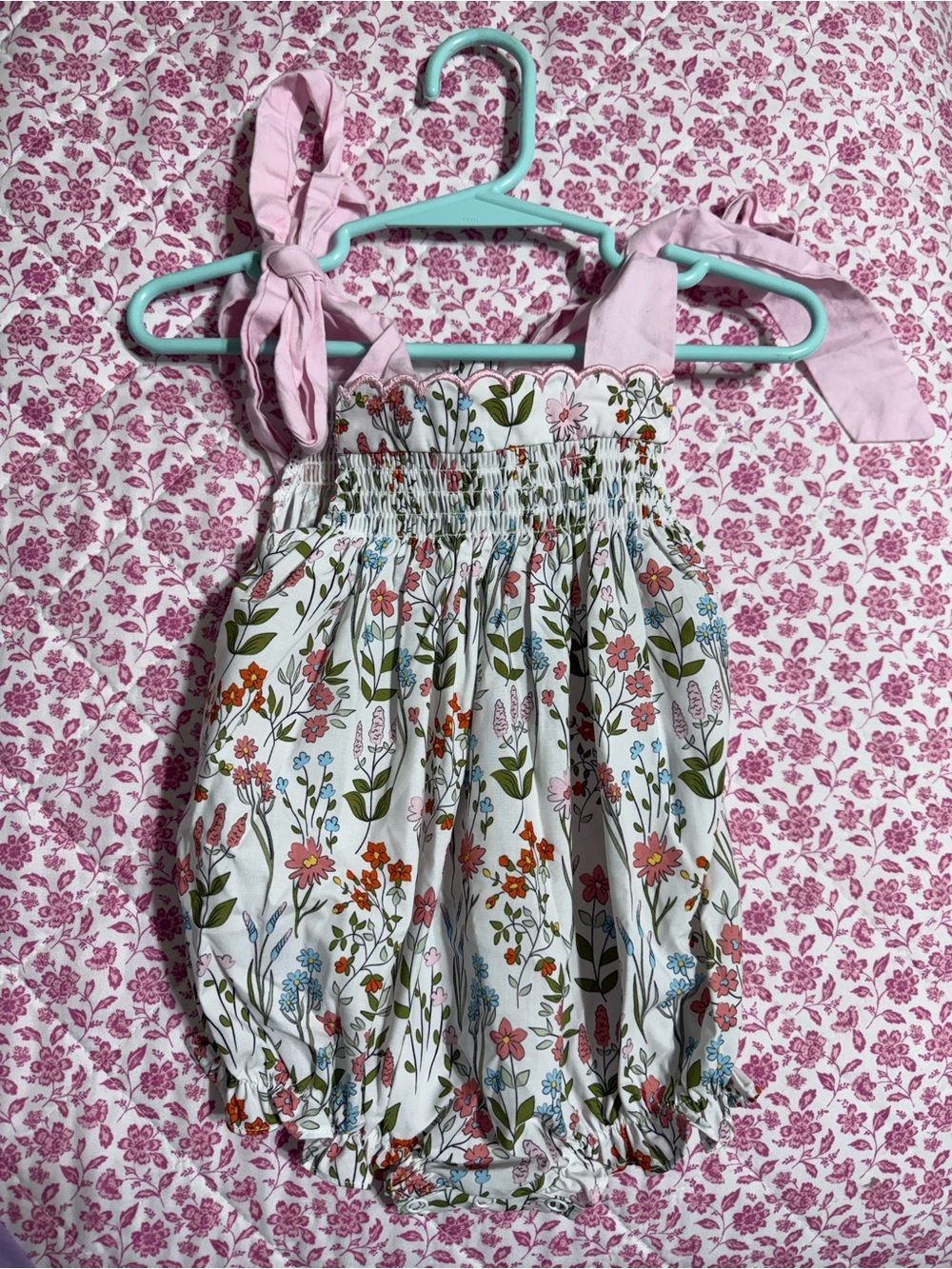 Babeeni Floral Smocked Bubble Romper - Pink Tie Straps 9M
